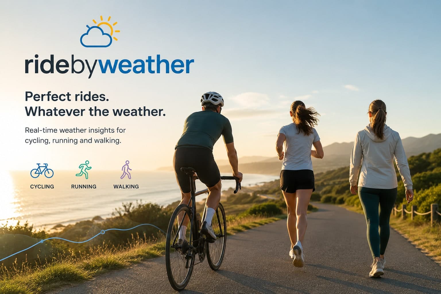 Cyclist, runner, and walker on a coastal road at sunrise